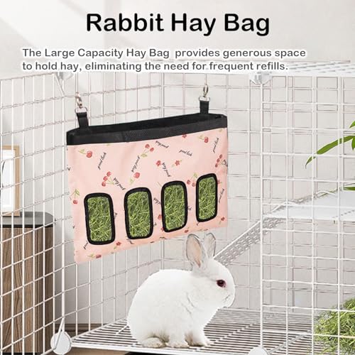 rabbit hay feeder bag large capacity rabbit hay bag small animal hanging hay bag 600d oxford cloth bunny hay feeder bag for rabbits guinea pigs chinchillas pink-4 holes-1pcs