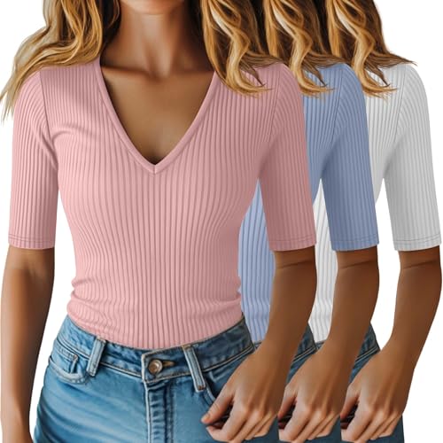Lot de 3 hauts pour femme Riyiper en coton côtelé avec manches mi-longues et col en V