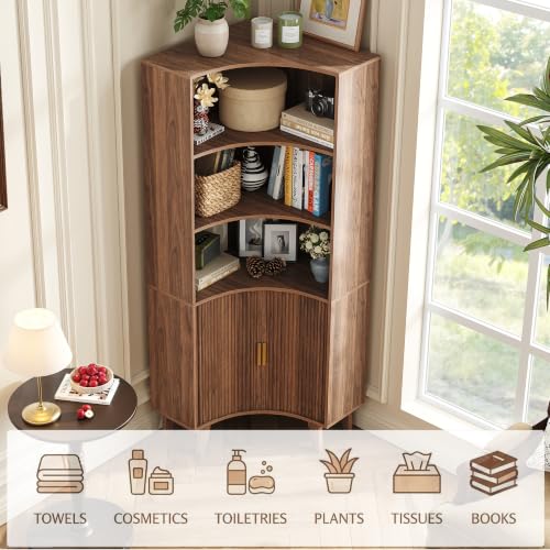 Image of Tall Corner Cabinet with Fluted Doors, 5-Tier Coffee Bar Cabinet