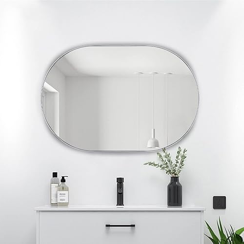 Miniatura 4 de TEEBARN Brushed Nickel Oval Bathroom Vanity Mirror 20x30 Pill Shaped Capsule Wall Mounted Mirror with Metal Frame Hangs Vertical & Horizontal