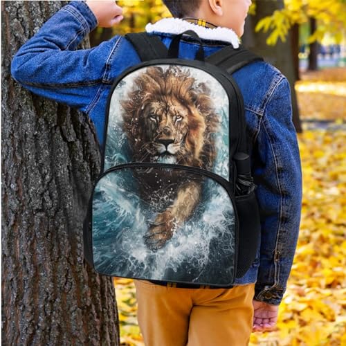 Cute Animal Backpack Set for Girls Boys 17 Inch Cool Lion Backpack with Lunch Box for Kids Elementary Student Padded Back Lightweight School Bag Black Bookbag3
