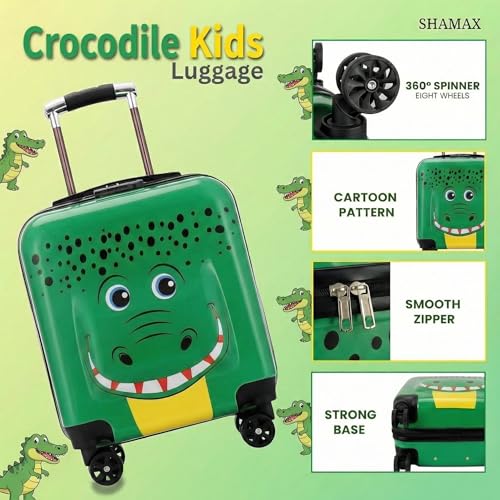 Image of Shamax Kids Luggage Hard Shell Trolley Bag with Spinner Wheels | Lightweight Suitcase for Girls Travel & School Trips Cabin Luggage, 360 Wheels & Adjustable Handle (Green) (Kid /Luggage /Croco)