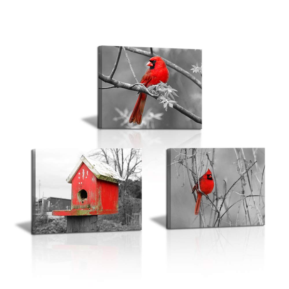 SkenoArt 3 Piece Black and White Canvas Print Wall Deocr Red Cardinal Poster Bird Wild Animal Picture Winter Scenery Painting for Living Room Bathroom Home Decor Easy to Hang 12"x16"x3 PCS