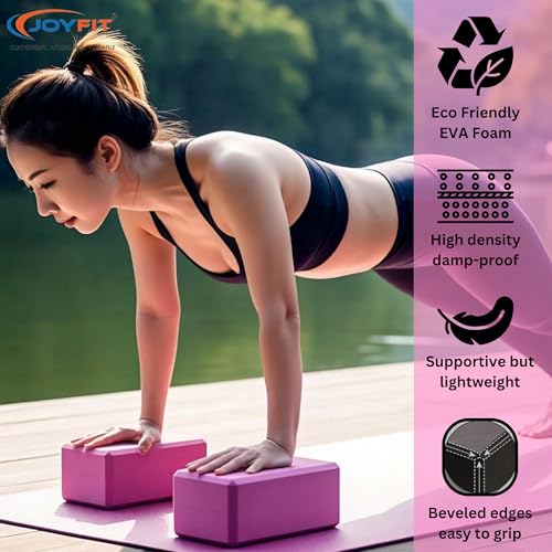 Image of JoyFit Yoga Blocks Set of 2 with Yoga Belt | High-Density EVA Foam Yoga Bricks for Stretching, Balance & Support | Soft Non-Slip Surface (9x6x3 inch)
