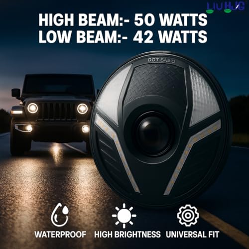 Image of LIU HJG Ultra Bright DRL LED 7 Inch Headlight 50W 12V DC Power Waterproof & Dustproof High /Low Beam Yellow & White DRL Light Universal fit for Jeep, Classic 350 & Thar & Other (Pack of 1)