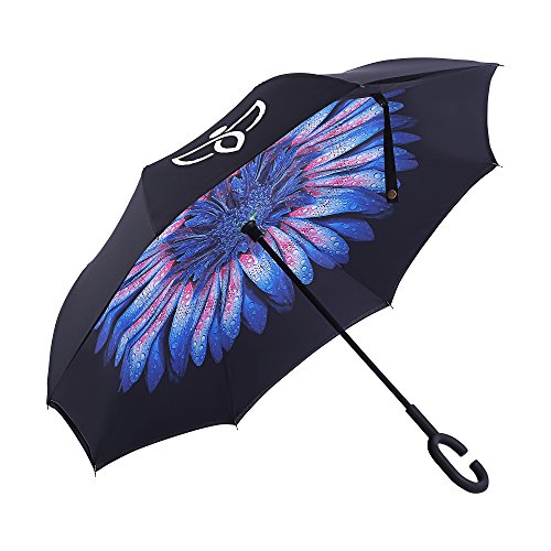 AlchemyNatura Innovative and Durable All-Weather Double Layer Inverted Umbrella with UV and Wind Protection and Reverse Closure Upside Down Umbrella (Purple Flower)