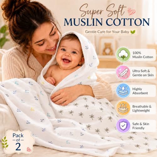 Image of Organic Cotton Muslin Pack of 2 Baby Bath Towel Cotton Cloth Premium Baby Washable, Reusable, Absorbent, Extra Soft 120 X 120 Cm Anchor & Cocount