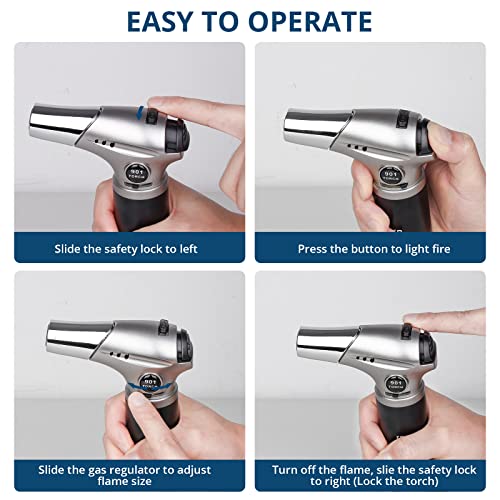 Image of Sondiko Refillable Lighter, Fit All Butane Tanks with Safety Lock, Adjustable Flame and Continuous Mode Kitchen Torch for Dessert, Baking, BBQ