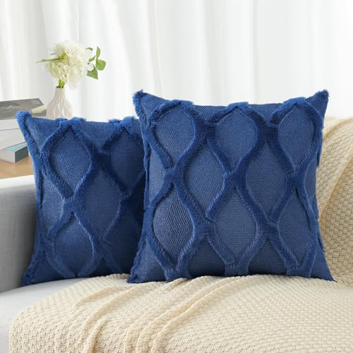 decorUhome Throw Pillow Covers 20x20 Inch Set of 2, Soft Plush Faux Fur Wool Dark Blue Couch Pillow Covers, Decorative Neutral Pillow Cases for Bed Sofa Living Room Home Decor