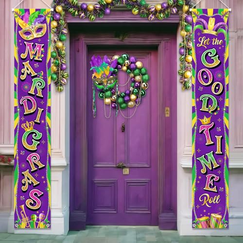MEHOFOND 2 Pcs Mardi Gras Porch Banner Sign Mardi Gras Door Decorations Carnival Masquerade Hanging Supplies Porch Decor for Indoor/outdoor Masquerade Party