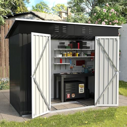UDPATIO Abri de Jardin Métal 241x126x181 cm - Cabane de Jardin Extérieur avec Toit Incliné et Porte Verrouillable, Rangement Outils de Jardin/Vélo, Gris