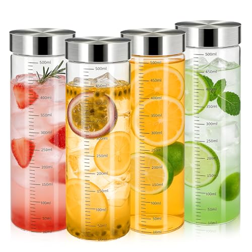 Alitree Glasflasche 500ml mit Deckel - 4er Pack, Spülmaschinenfest, BPA-Frei, Saftflasche aus Borosilikatglas, Wiederverwendbar für Smoothies, Kaffee und Tee to go, Inklusive Messskala