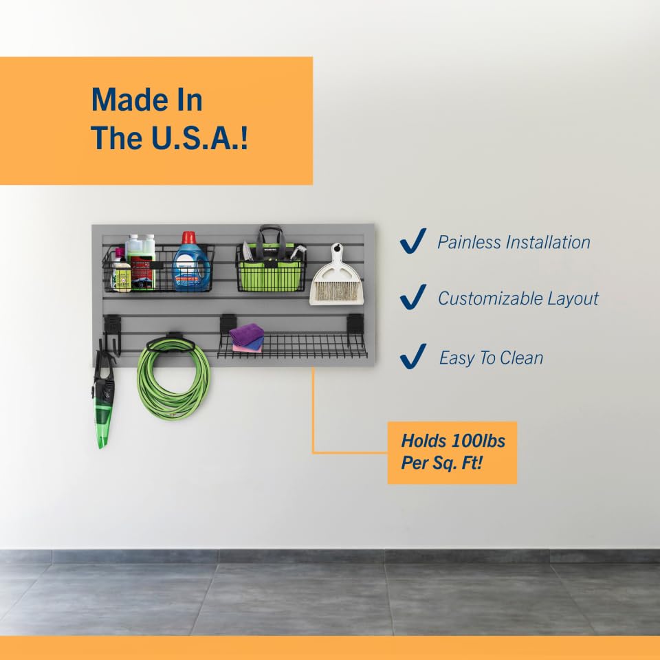 HANDIWALL (BLACK) PVC Slatwall Garage Wall Organizer, 4x2ft Heavy Duty Framed Slatwall Panel Storage Kit, Wall Mount Organizing Storage System For Slatwall Accessories