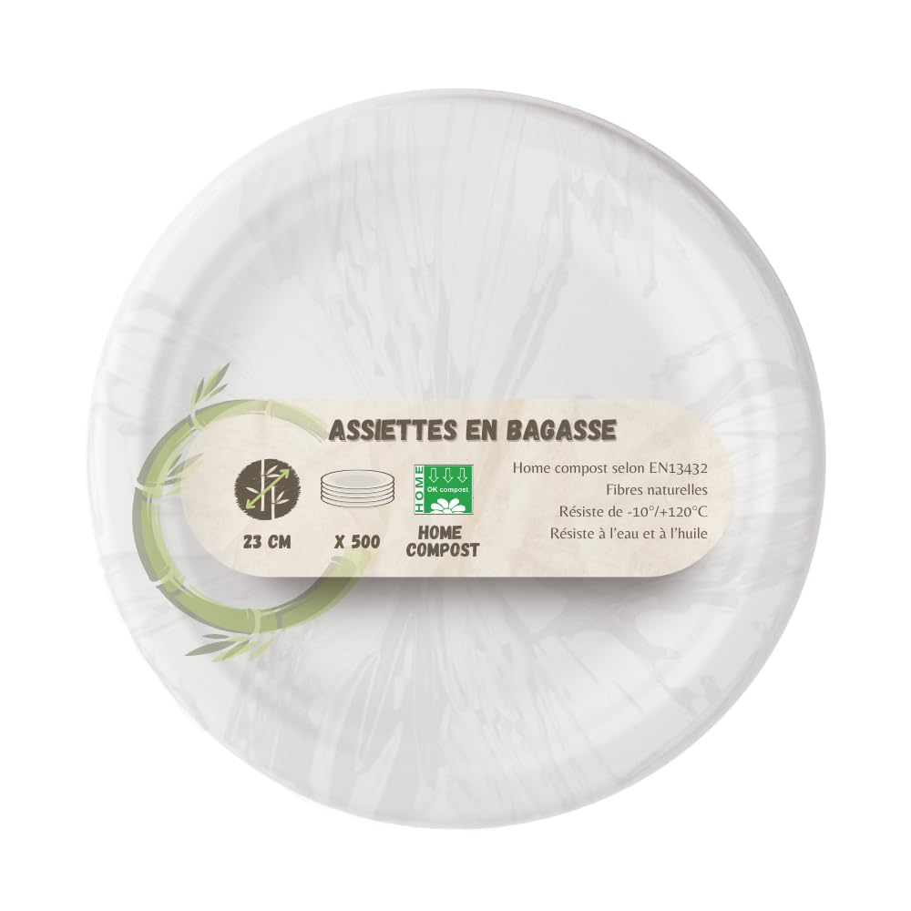 Générique 500 Assiettes rondes blanches 23cm en bagasse pulpe de canne à sucre, plusieurs diamètres disponibles, plusieurs conditionnements, pour les particuliers et professionnels (500, 23 cm)