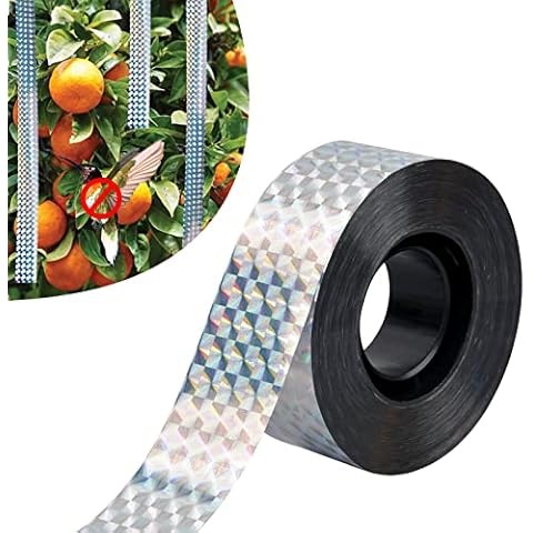Mikihat Bird Repellent Scare Tape, Bird Scare Sound and Reflective Tape Silver Colorful Pattern, Bird-proof Tape Deterrent Ribbon Stops Damage and Deters Pests, for Garden,Farm, Orchard(90m) Cover