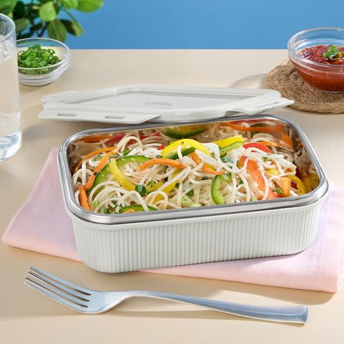 Image of Larah by BOROSIL Freshbyte Food Storage Container with Airtight Stainless Steel Lid | Fridge Container for Lunchbox | Food Grade | Microwave Safe (Grey, 600 ml, Rectangular)