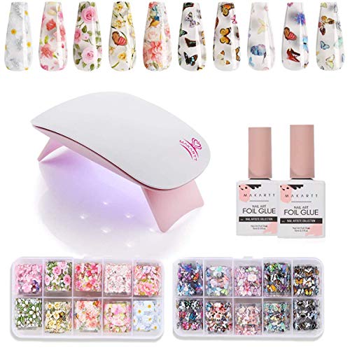 Makartt Nail LED Curing Lamp with Nail Foil Glue Sticker Set Bundle, 6W Nail Dryer 60S Timer USB, 15ML Nail Foil Gel, 20PCS Flower and Butterfly Foil Stickers