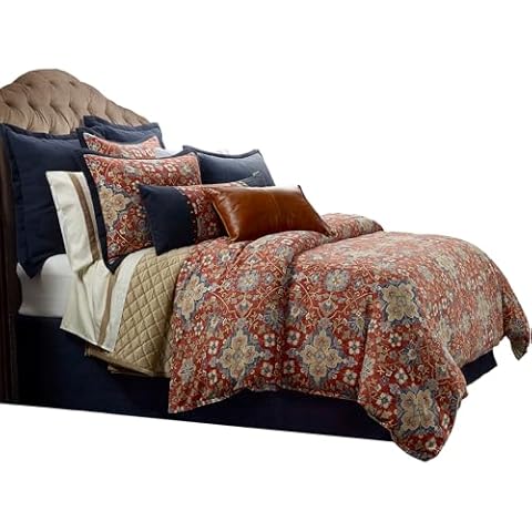 HiEnd Accents Washed Linen Melinda 3 Piece Floral Comforter Set, King Size, Red Navy Blue Medallion Bedding, Classic Western Modern Rustic Lodge Style, Flower Linen Comforter with Pillow Shams Cover