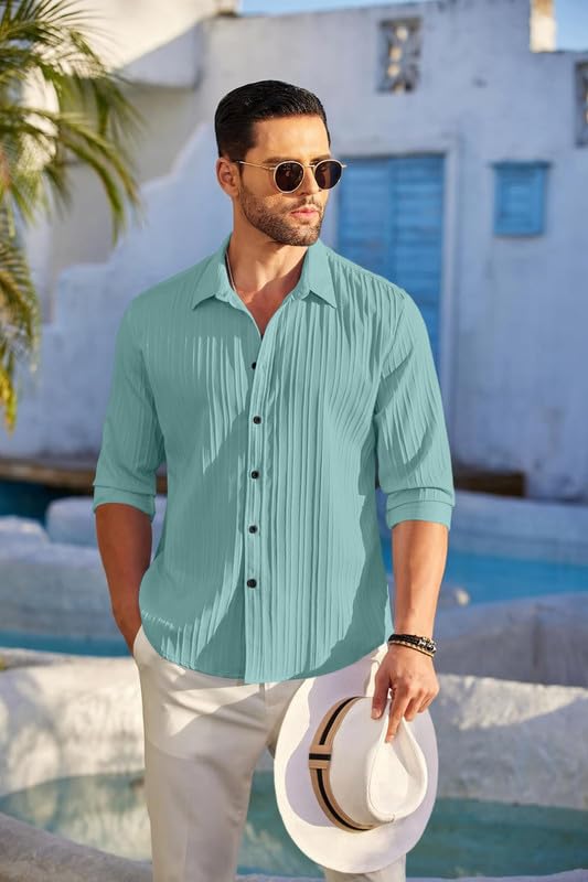 Image of FINIVO FASHION Men's Casual Cotton Plain Button Down Shirt Long Sleeve Textured Summer Beach Shirt for Men Turquise