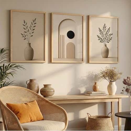 Image of TheMakerly Set of 3 Japandi Botanical Wall Art Paintings for Living Room | Minimalist Neutral Beige Wall Decor | Modern Scandinavian Wall Paintings for Bedroom, Office, Hall & Home Decoration (10x13 Inches)