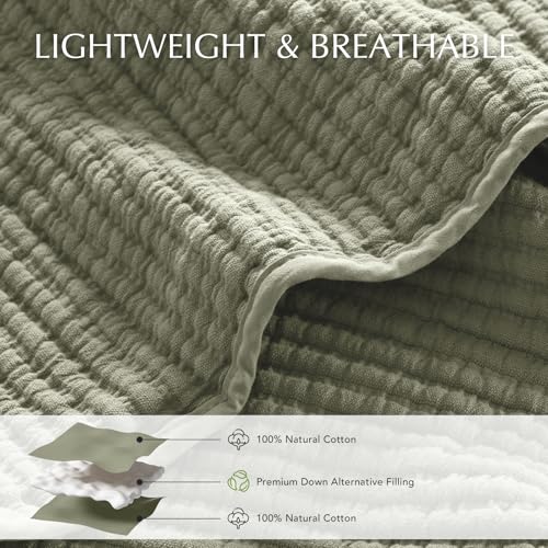 Image of EVERGRACEHOME Cotton Coverlet Set Full Queen Size 3 Pieces, Lightweight Soft Ribbed Matelasse Bedspread Quilt Set, Oversized Quilted Bedding Set with 2 Pillow Shams for All Seasons, Light Sage Green