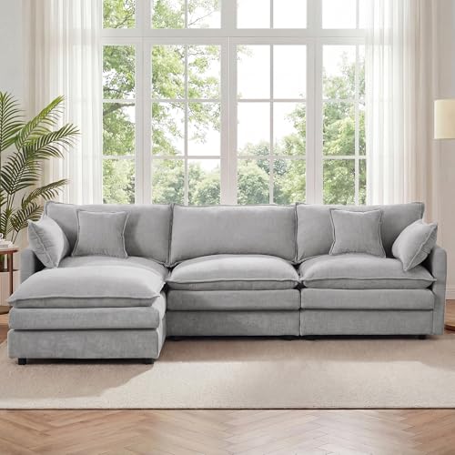 Image of 102 inch L Shaped Modular Sectional Sofa, Comfy Upholstery Chenille Cloud Couch with Ottoman, Modern 4-Seat Deep Seat Sofa with Pillow for Living Room, Bedroom, Apartment, Grey