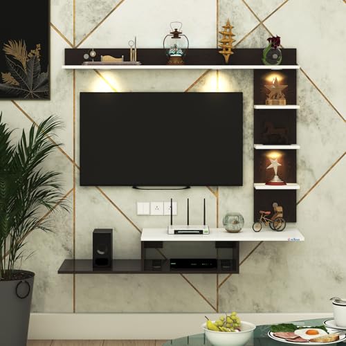 Image of Anikaa Wintor Engineered Wood Wall Mounted TV Unit with 4 LED Lights, 3 Open Shelves, 1 Storage Box & Decorative Display Shelf for Living Room | Ideal for Upto 43 Inch TV- Wenge /White(DIY Assembly)