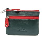 Pielini - Monedero pequeño de Piel 2 Cremalleras y Llavero. Monedero para Hombre. Espacios para Monedas, Tarjetas y Billetes. Diseñado en España. (Verde-Rojo)