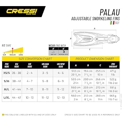 Cressi Snorkeling Adjustable Fins for All Family - Long Blade Versatile Open Heel Flippers - Palau: Made in Italy