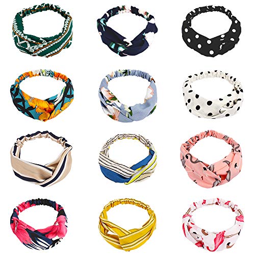 TOBATOBA 12 Pcs Headbands for Women Boho Vintage Flower Printing Cross Elastic Head Wrap Hair Accessories,12 Colors