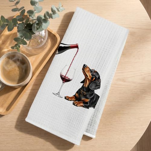 Image of 3 Pcs Wine Dachshund Kitchen Towels, Dachshund Gifts Reusable Dish Towels | Waffle Weave Absorbent Hand Towel for Kitchen Bathroom Decor, Cute Wine Weiner Dog Gifts for Women Mom Friend 24x14 Inch