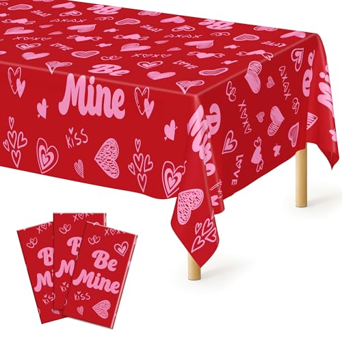 Image of QZYL 3 Pcs Valentines Decorations, 108 inch X 54 inch Plastic Valentines Tablecloth, Disposable Love Tablecloth, Pink Table Cloth Rectangle Valentine's Party Favors, Heart Table Cover for Love Wedding Party