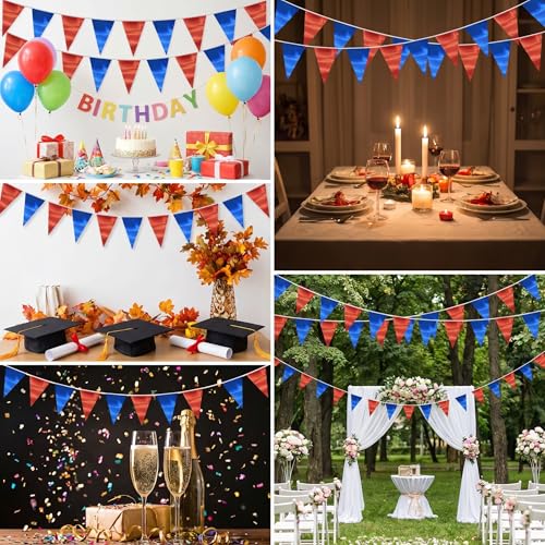 Image of 40M /130FT Blue Red Triangle Pennant Banner Flag Metallic Fabric Bunting Garland for Christmas Graduation, Independence Day, 4th of July, Patriotic Themed Party Decoration