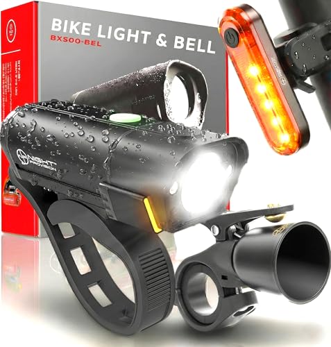 [New 2025] BX500-BEL 3 in 1 Bike Light & Bell Set - Powerful USB-C Rechargeable Front and Back Lights 10hrs Max Bicycle LED Headlight Kit - 18hr Max Taillight - Accessories for Night Riding