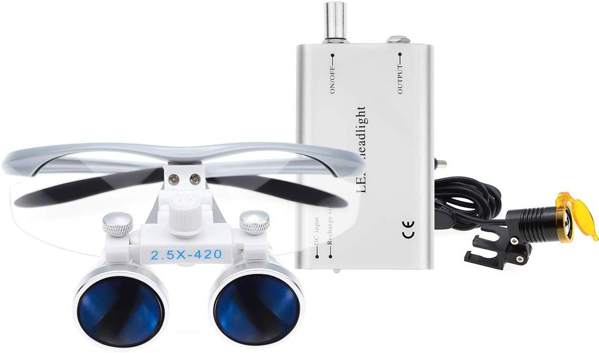 BONEW-Oral 2.5X 420MM Surgical Binocular Loupe Magnifier + 3W Clip On Head Lamp With Filter+ Aluminum Box (Silver)