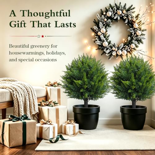 25” Artificial Cedar Topiary Ball Tree, Set of 2 with Ground Spikes, UV Resistant Faux Cypress Plants, Evergreen Shrubs for Outdoor Front Porch Garden Backyard Office Decor