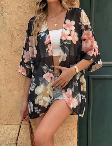 Image of Chunoy Women's Floral Print Puff Sleeve Kimono Cardigan Loose Cover Up Casual Blouse Tops 3X-Large