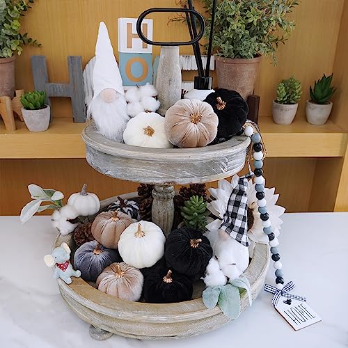 Image of Winlyn 12 Pcs Small Assorted Faux Velvet Pumpkins Decorative Fabric in White Black Gray Taupe Foam Pumpkins 3 inch for Farmhouse Fall Wedding Thanksgiving Halloween Table Centerpiece Mantel Decor