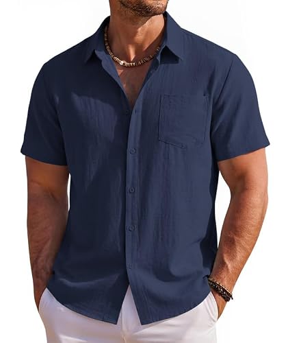 Image of Elainone Mens Short Sleeve Summer Shirts Linen Casual Shirts Holiday Beach Shirt with Pockets Navy