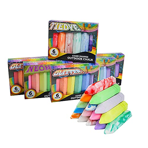JOYIN 36 PCS Washable Sidewalk Chalks Set in 6 Packs, 18 Colors, Including 12 Tie Dye Sidewalk Chalks, 12 Glitter Chalks & 12 Neon Color Chalks, Outdoor Chalk for Painting, Drawing, Gifts for Kids