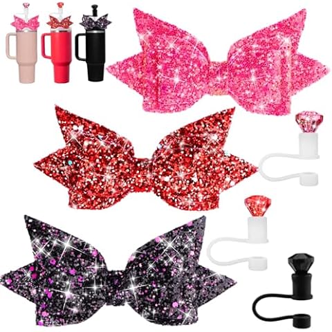 6pcs Bow Ties and Diamond Straw Topper for Stanley Cup, Straw Cover for Stanley Cup 40/30/20 Oz Accessories, Reusable Straw Toppers for Simple Modern Tumblers (Black+Pink+Red) Cover