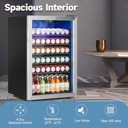 Image of Erivess 4.5 Cubic Feet Mini Fridge, 145 Can Freestanding Beverage Refrigerator with Glass Front Door for Soda, Beer Under Counter Drink Refrigerator with Adjustable Shelves and Digital Display