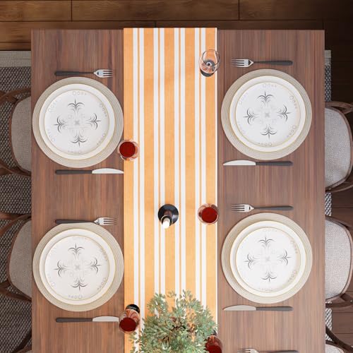 Image of Encasa XO Cotton Table Runner for 2 to 4 Seater | Size 13x48 in | Franca Yellow Stripes - Machine Washable & Durable