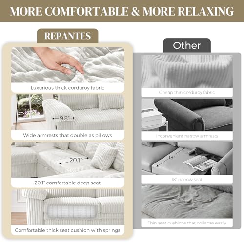 Image of Sectional Sleeper Sofa with Pull Out Bed and Storage Chaise, Fluffy Soft Corduroy Fabric, Modern Comfy U Shaped Couch with USB Charger for Living Room Apartment Small Spaces, Beige White