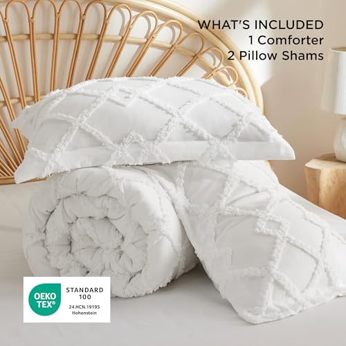 Image of Bedsure Boho Comforter Set King - White Tufted King Size Comforter, 3 Pieces Farmhouse-Style Embroidery Bed Set, Soft Fluffy Geometric Pattern Bedding for All Seasons