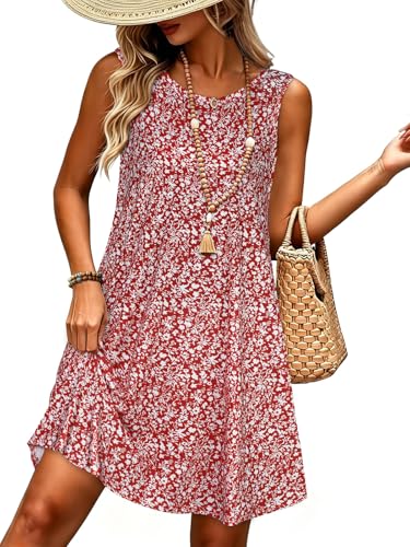Red Dresses for Women Summer Beach Sleeveless Sundress Pockets Swing Casual Loose Tshirt Dress(Red Floral,XL)