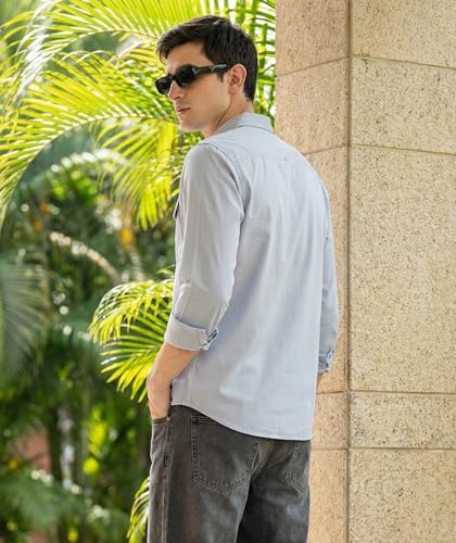 Image of IndoPrimo Men's Cotton Shirt with Stylish Flap Pockets Full Sleeves Spread Collared Neck Solid Pattern Western Style Classic Fit and Standard Length