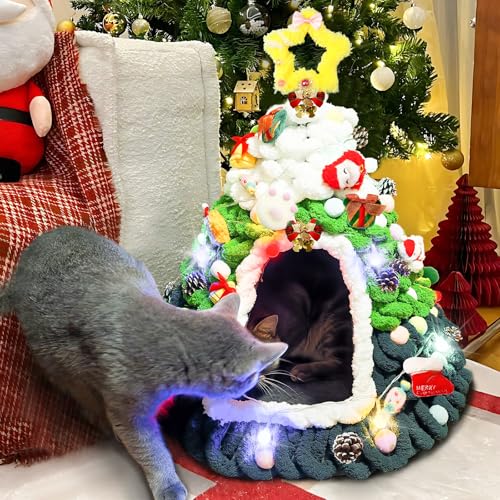 DIY Christmas Tree Cat House,Felt Christmas Cat Bed,Christmas Cat Nest with Night Lights,DIY Christmas Tree for Cats Set,Christmas Decor for Pets Family and Friends,19.7 X 20.1 Inches