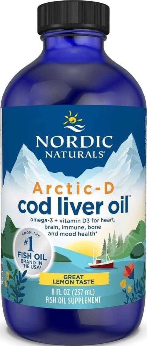 Arctic-D Cod Liver Oil, Lemon - 8 oz - 1060 mg Total Omega-3s + 1000 IU Vitamin D3 - EPA & DHA - Heart, Brain, Bone, Immune & Mood Support - Non-GMO - 48 Servings | 1060 mg omega-3s + 1000 IU vitamin D3 for heart, brain, bone, immune & mood support. Lemon-flavored liquid. 48 servings