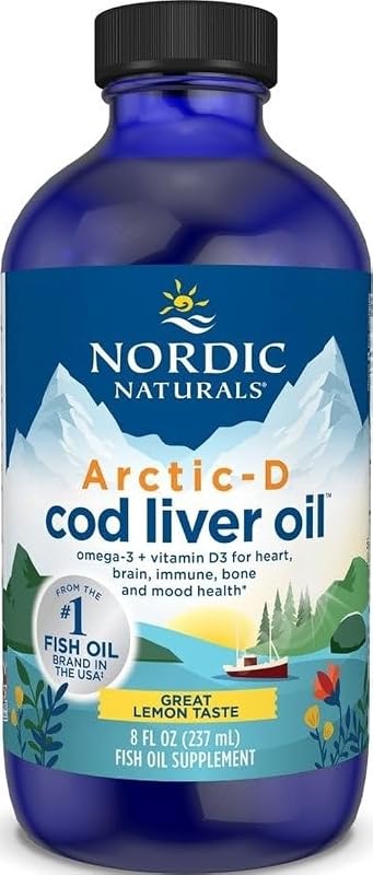 Aceite de hígado de bacalao Arctic-D, limón - 8 oz - 1060 mg Omega-3 totales + 1000 UI de vitamina D3 - EPA y DHA - Corazón, cerebro, hueso, apoyo inmunológico y del estado de ánimo - No transgénico - 48 porciones | 1060 mg omega-3 + 1000 UI de vitamina D3 para el corazón, cerebro, hueso, apoyo inmunológico y del estado de ánimo. Líquido con sabor a limón. 48 porciones